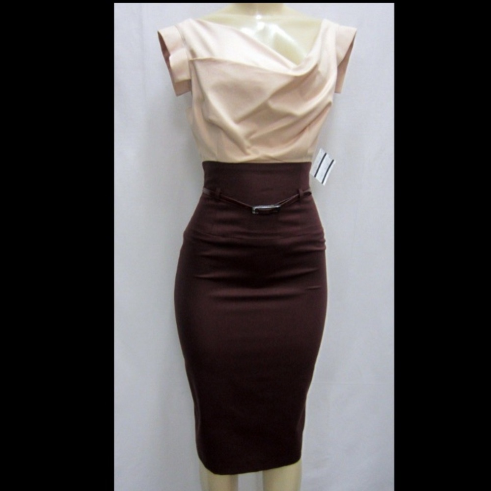 Black Halo - Jackie O Sheath Dress - RARE color block - rose/burgundy - sz 8